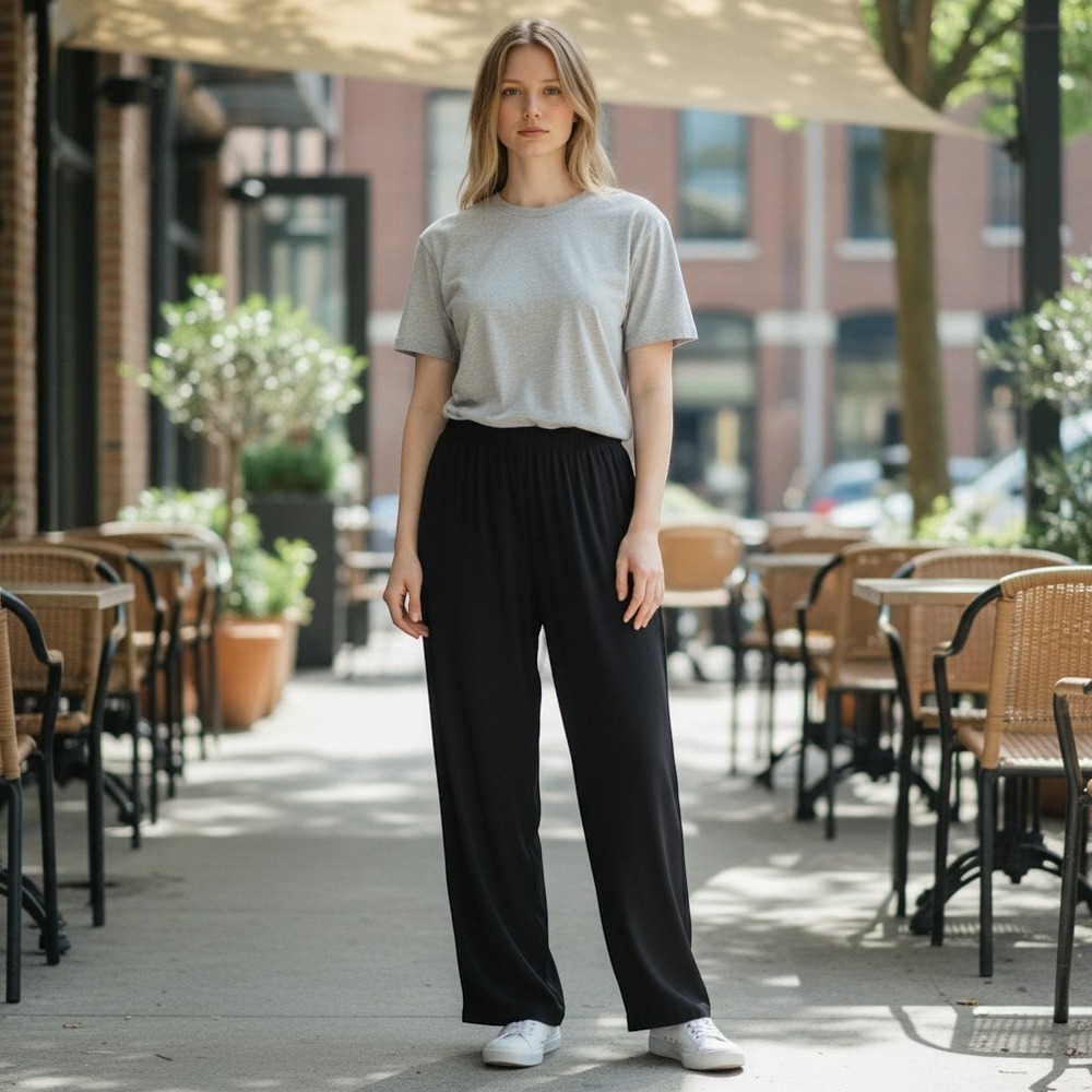 Eileen Fisher Black Wide Leg Pull on Pants L LagenLook Quiet Luxury Proffessiona